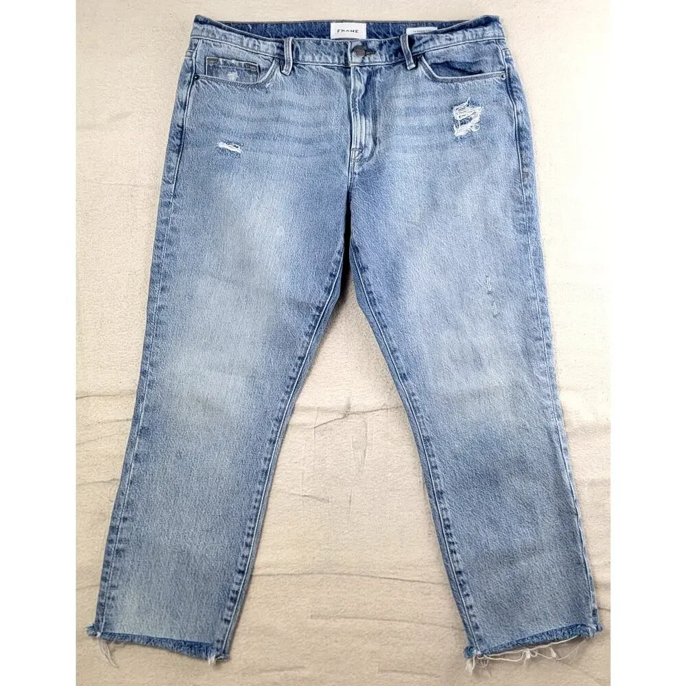FRAME Le Garcon Crop Jeans Light Wash Distressed Raw Hem 28